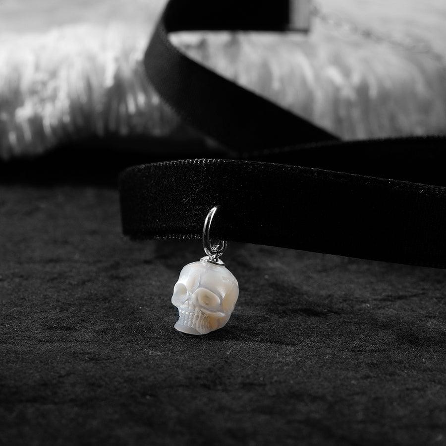 Black Velvet Pearl Skull Choker Necklace™ Skull Accessories  – Gothic Elegance with a Pearlescent Edge
