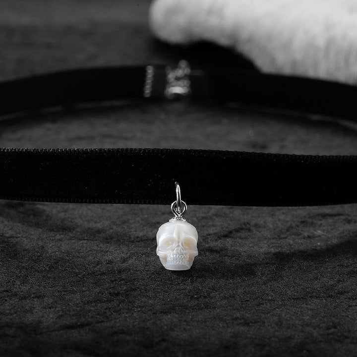 Black Velvet Pearl Skull Choker Necklace™ Skull Accessories  – Gothic Elegance with a Pearlescent Edge