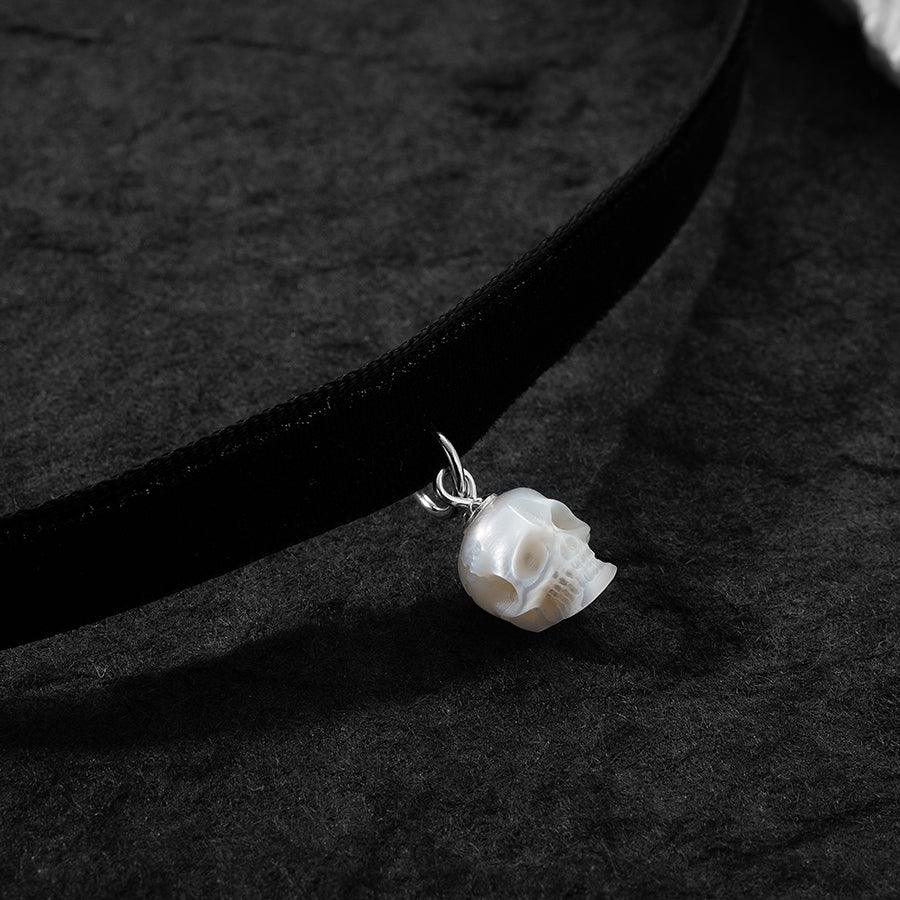 Black Velvet Pearl Skull Choker Necklace™ Skull Accessories  – Gothic Elegance with a Pearlescent Edge