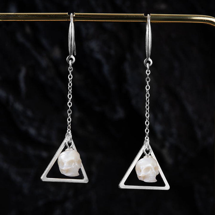 Geometric Pearl Skull Triangle Openwork Dangle Earrings™ Skull Accessories – Modern Elegance with Edgy Pearl Skull Charm