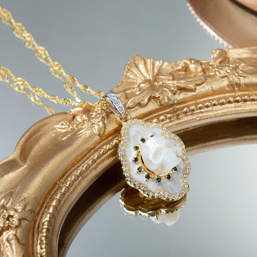 Pearl Skull White Shell Double Halo Gemstone Necklace™ Skull Accessories - Elegant Pearl Skull Pendant with Dual Gemstone Halo