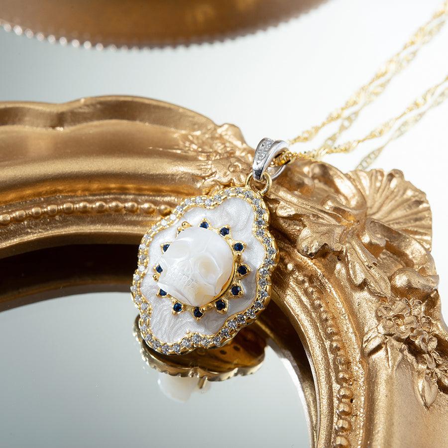 Pearl Skull White Shell Double Halo Gemstone Necklace™ Skull Accessories - Elegant Pearl Skull Pendant with Dual Gemstone Halo
