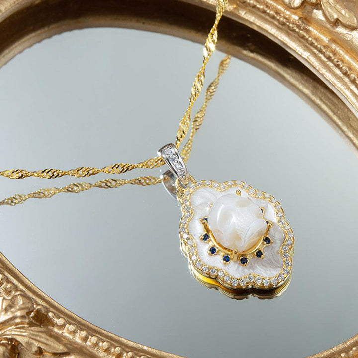 Pearl Skull White Shell Double Halo Gemstone Necklace™ Skull Accessories - Elegant Pearl Skull Pendant with Dual Gemstone Halo