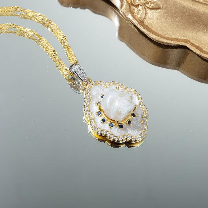 Pearl Skull White Shell Double Halo Gemstone Necklace™ Skull Accessories - Elegant Pearl Skull Pendant with Dual Gemstone Halo