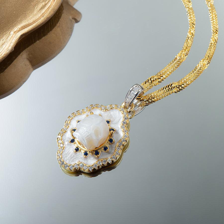 Pearl Skull White Shell Double Halo Gemstone Necklace™ Skull Accessories - Elegant Pearl Skull Pendant with Dual Gemstone Halo