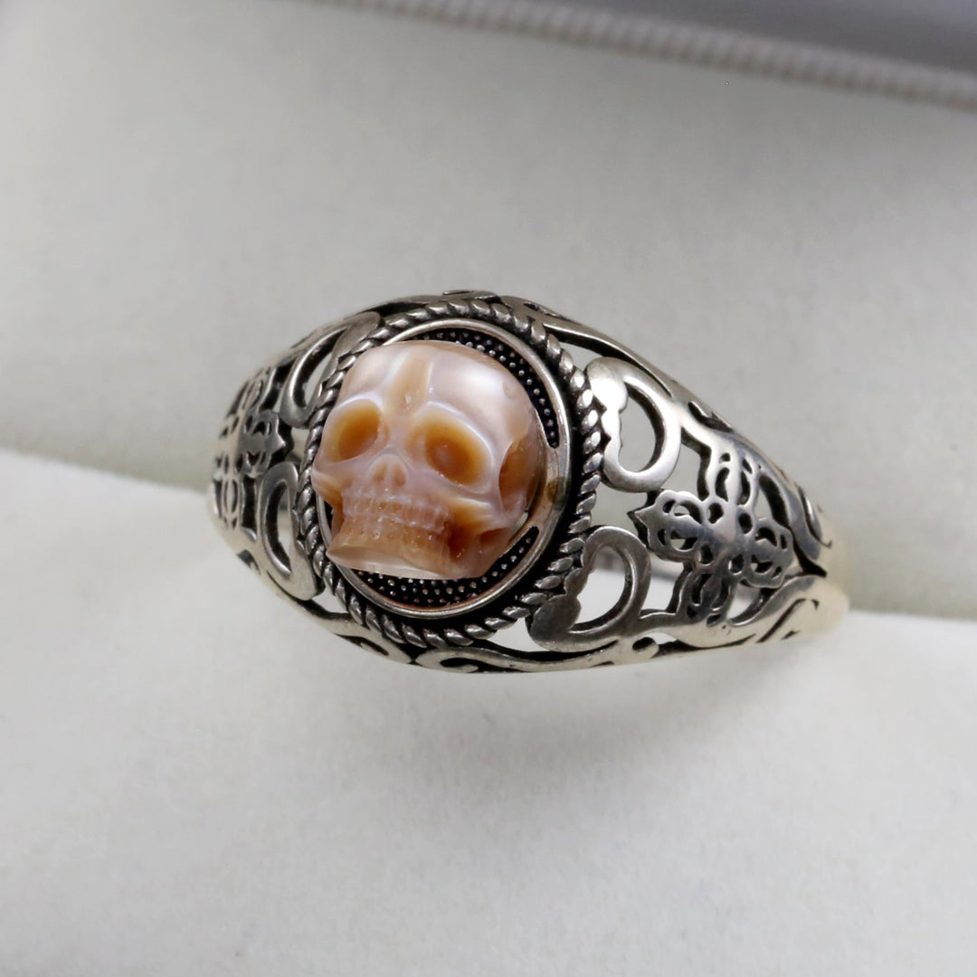 Vintage Pearl Skull Petal Openwork Hollow Carved Ring™ Skull Accessories – Intricately Hollow-Carved Skull Ring with Baroque Petal Detail