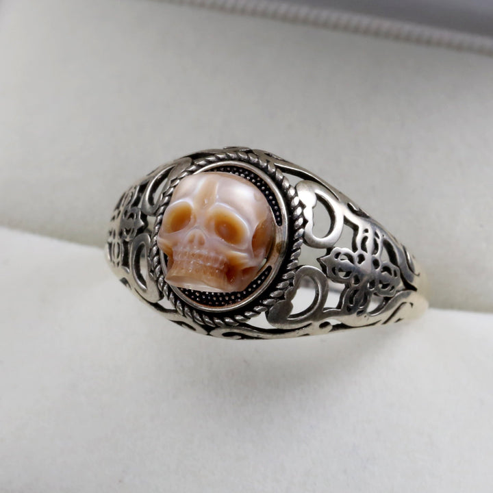 Vintage Pearl Skull Petal Openwork Hollow Carved Ring™ Skull Accessories – Intricately Hollow-Carved Skull Ring with Baroque Petal Detail