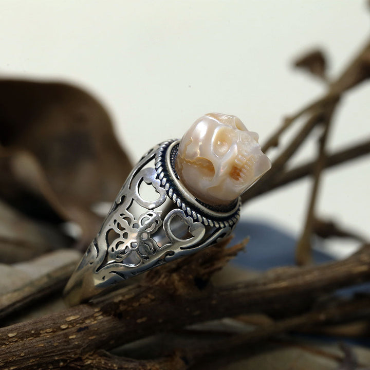 Vintage Pearl Skull Petal Openwork Hollow Carved Ring™ Skull Accessories – Intricately Hollow-Carved Skull Ring with Baroque Petal Detail