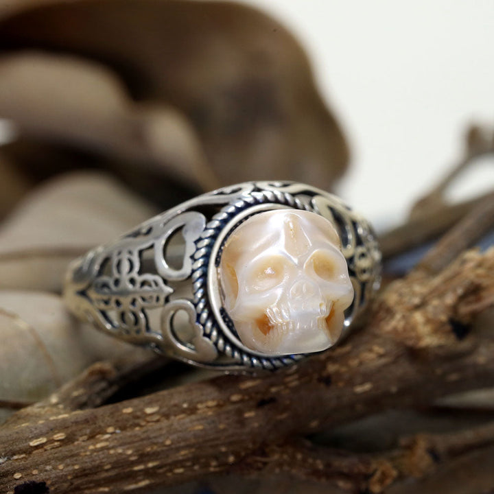 Vintage Pearl Skull Petal Openwork Hollow Carved Ring™ Skull Accessories – Intricately Hollow-Carved Skull Ring with Baroque Petal Detail