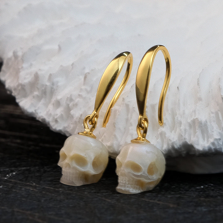 Tapered Pearl Skull Dangle Hook Earrings™ Skull Accessories – Gold-Plated Hook Earrings with Carved Pearl Skull Charms