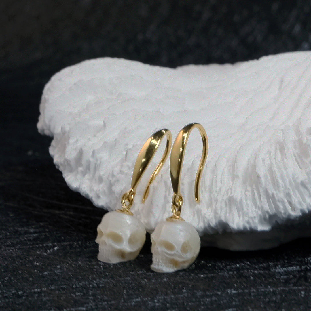 Tapered Pearl Skull Dangle Hook Earrings™ Skull Accessories – Gold-Plated Hook Earrings with Carved Pearl Skull Charms