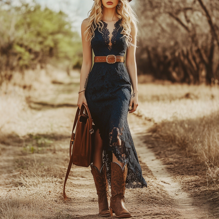 Vintage Bohemian Blue Lace Sleeveless Midi Dress™ Retro Western Style – Timeless Elegance with a Boho Twist