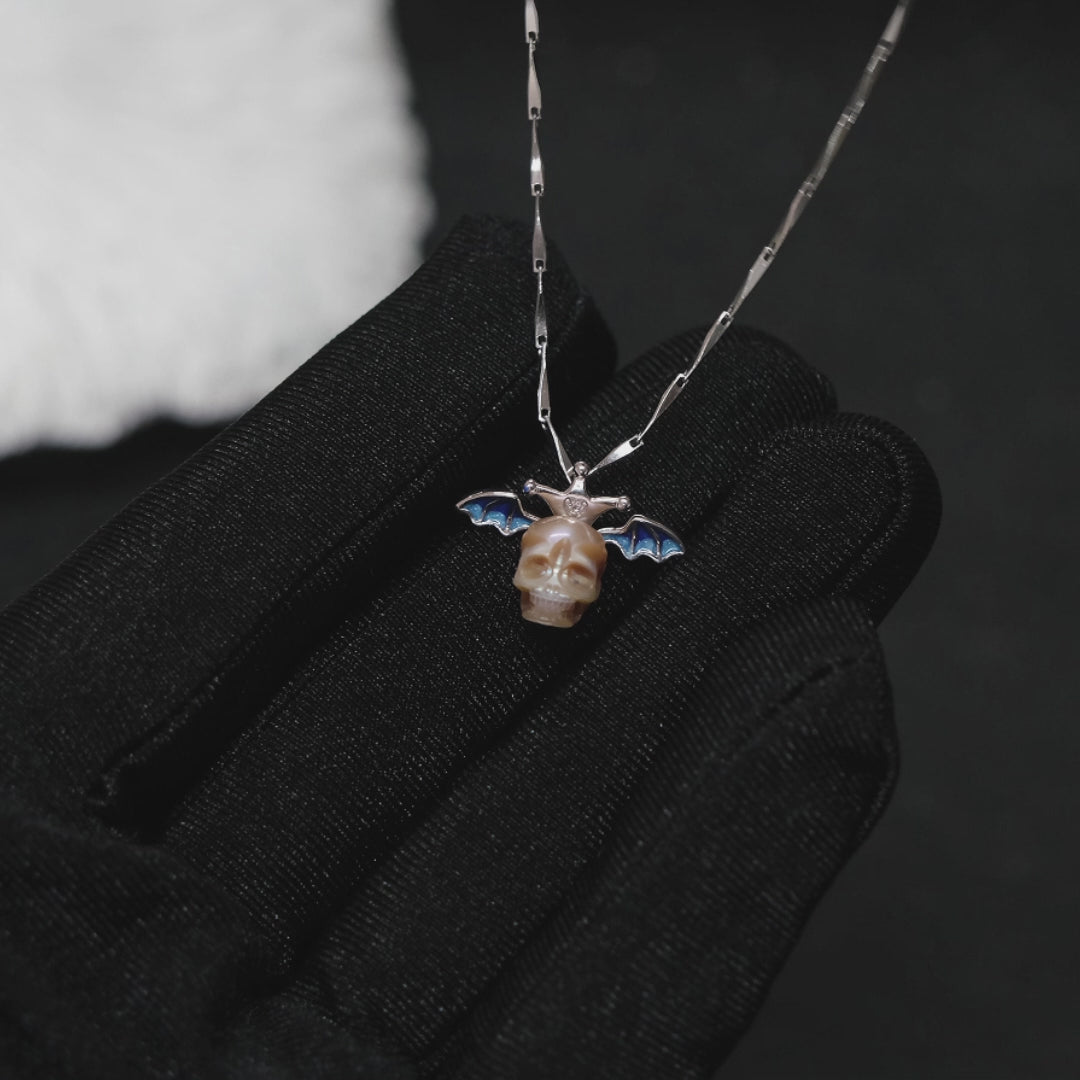 Pearl Skull Bat Melon Seed Chain Necklace™ Skull Accessories  – Bold Edge with a Gleaming Gothic Twist