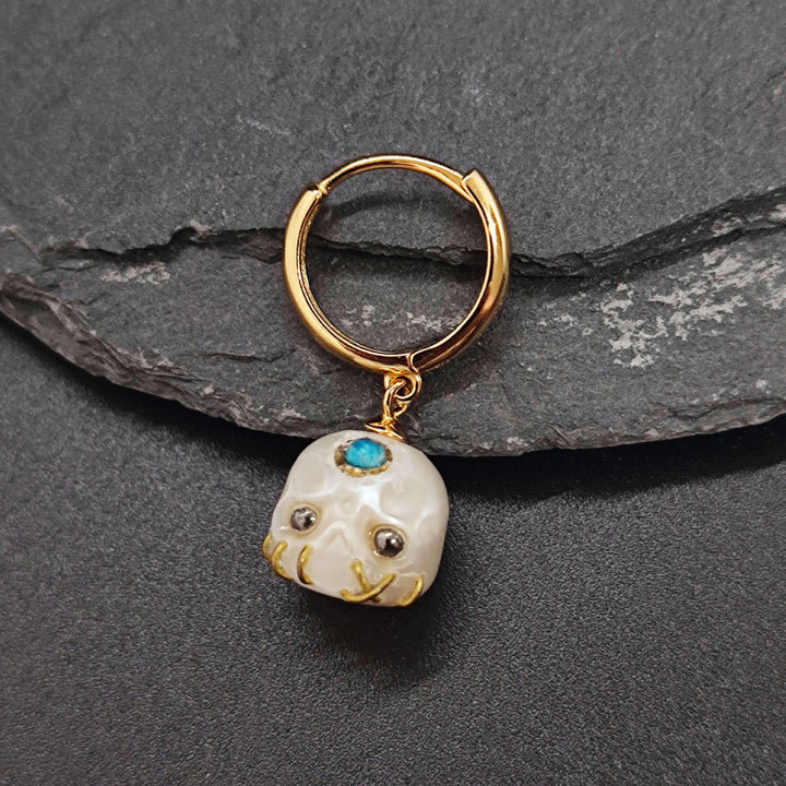 Gemstone Eyes Śmaśana Pearl Skull Hoop Earrings™ Skull Accessories - Gold Hoop Earrings with Pearl Skulls and Healing Gemstone Accents