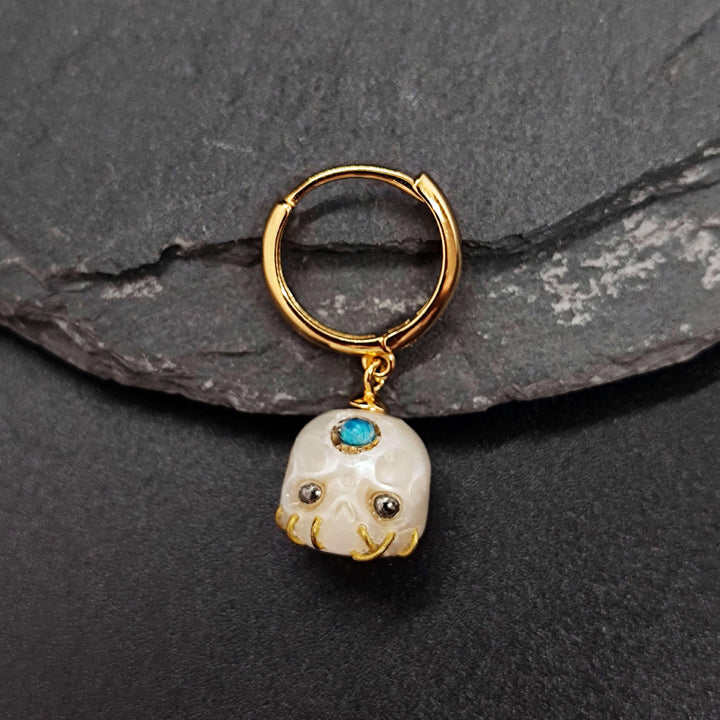 Gemstone Eyes Śmaśana Pearl Skull Hoop Earrings™ Skull Accessories - Gold Hoop Earrings with Pearl Skulls and Healing Gemstone Accents