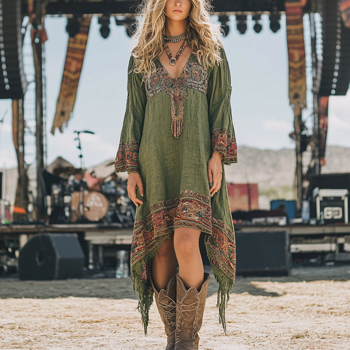 Wasteland Style™ Retro Western Style - Ethnic Floral Cotton And Linen Dress