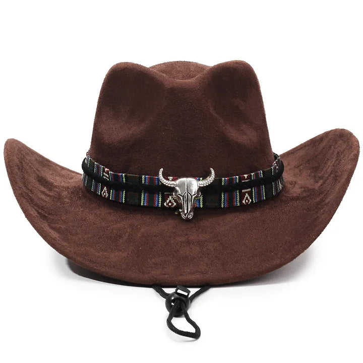 Western Suede Cowboy Hat With Bull Skull Buckle™ Retro Western Style – Rugged Charm Meets Classic Western Style