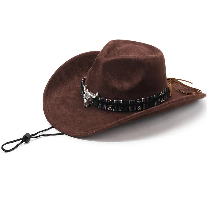Western Suede Cowboy Hat With Bull Skull Buckle™ Retro Western Style – Rugged Charm Meets Classic Western Style