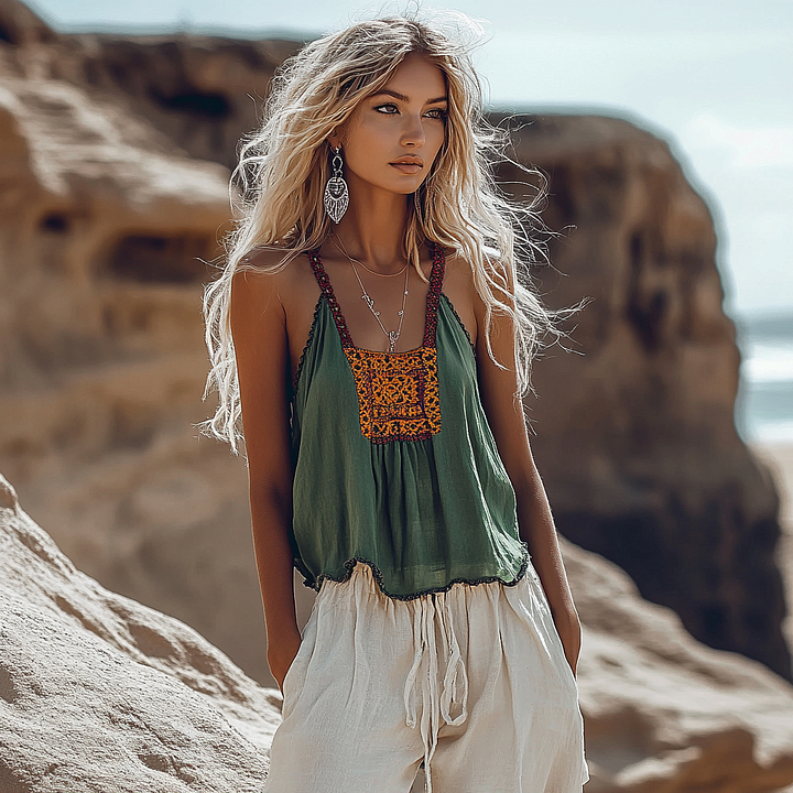 Linen Print Patchwork Comfortable Camisole™ Retro Western Style – Boho Charm with a Wild Touch