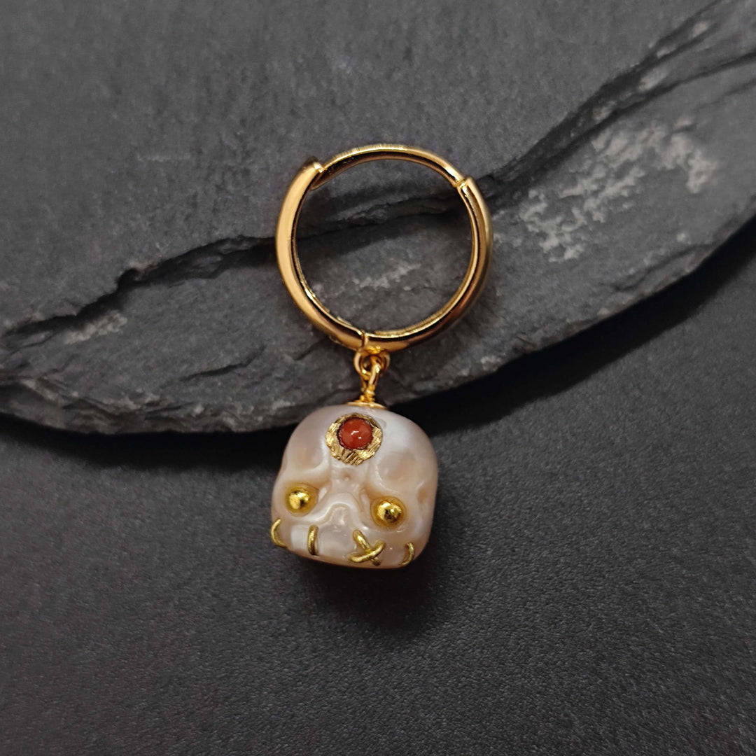 Gemstone Eyes Śmaśana Pearl Skull Hoop Earrings™ Skull Accessories - Gold Hoop Earrings with Pearl Skulls and Healing Gemstone Accents