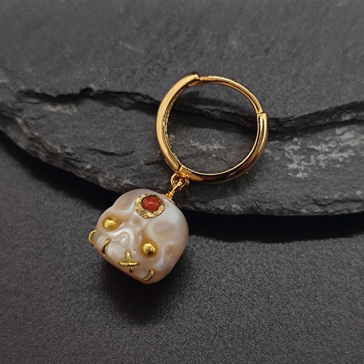 Gemstone Eyes Śmaśana Pearl Skull Hoop Earrings™ Skull Accessories - Gold Hoop Earrings with Pearl Skulls and Healing Gemstone Accents
