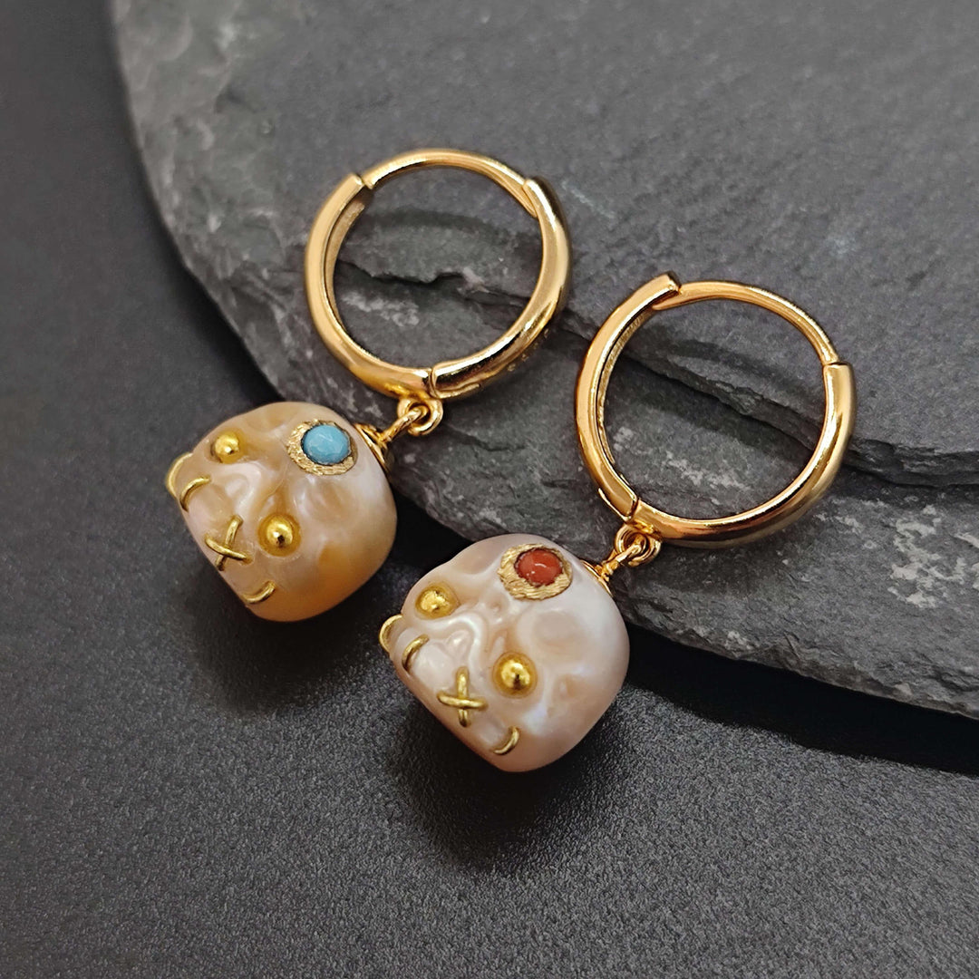 Gemstone Eyes Śmaśana Pearl Skull Hoop Earrings™ Skull Accessories - Gold Hoop Earrings with Pearl Skulls and Healing Gemstone Accents