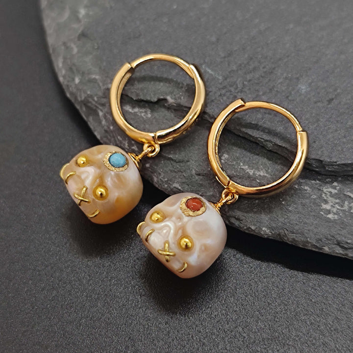 Gemstone Eyes Śmaśana Pearl Skull Hoop Earrings™ Skull Accessories - Gold Hoop Earrings with Pearl Skulls and Healing Gemstone Accents