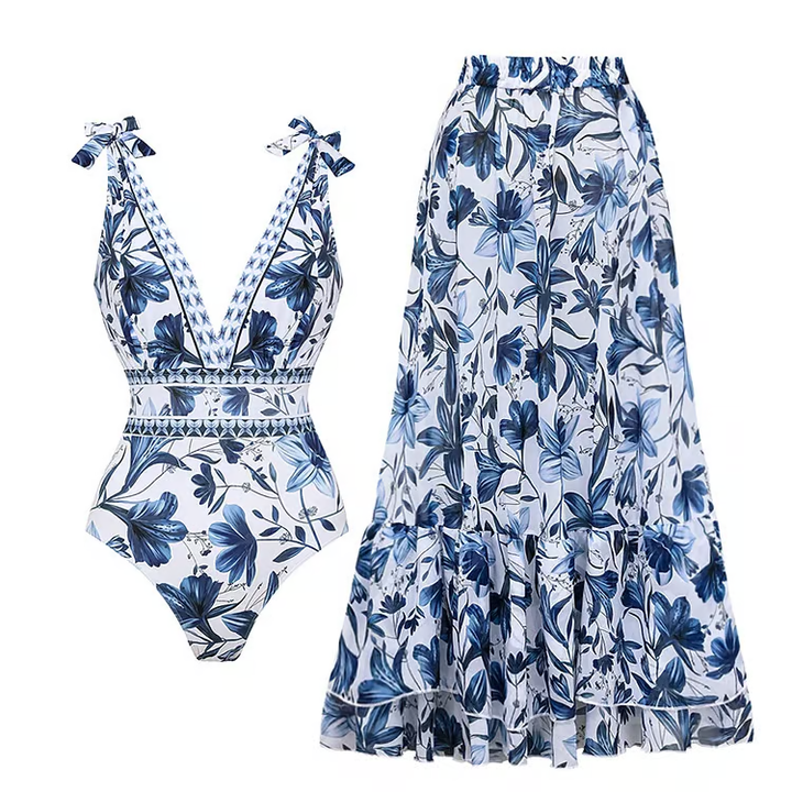 Olivia™ SC- Stylish V Neck Floral One-Piece Swimsuit Set