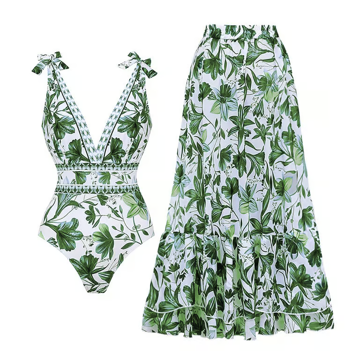 Olivia™ SC- Stylish V Neck Floral One-Piece Swimsuit Set