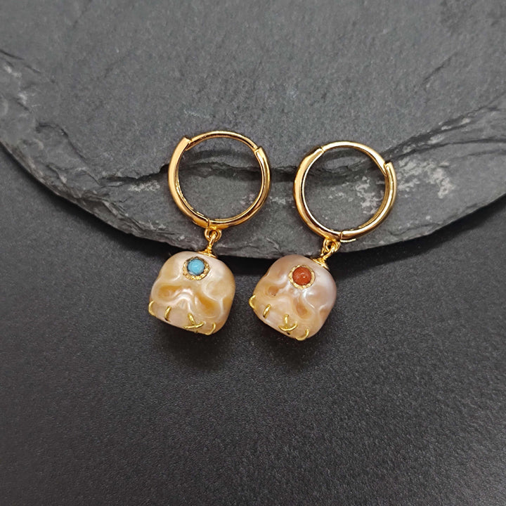 Śmaśana Pearl Skull Gemstone Hoop Earrings™ Skull Accessories  – Mystical Hoops with Skull and Gemstone Accents
