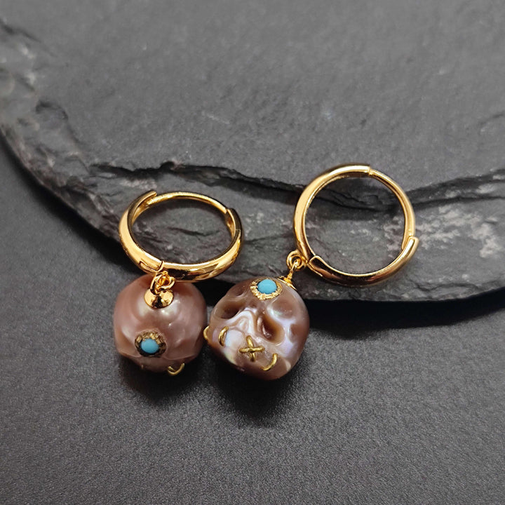 Śmaśana Pearl Skull Gemstone Hoop Earrings™ Skull Accessories  – Mystical Hoops with Skull and Gemstone Accents