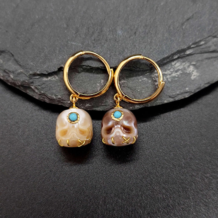 Śmaśana Pearl Skull Gemstone Hoop Earrings™ Skull Accessories  – Mystical Hoops with Skull and Gemstone Accents