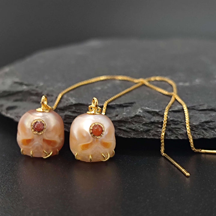 Pearl Carved Śmaśana Threader Earrings™ Skull Accessories – Mystical Elegance with Vibrant Gemstone Detail