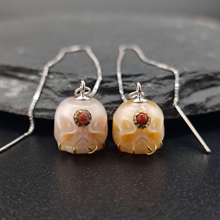 Pearl Carved Śmaśana Threader Earrings™ Skull Accessories – Mystical Elegance with Vibrant Gemstone Detail