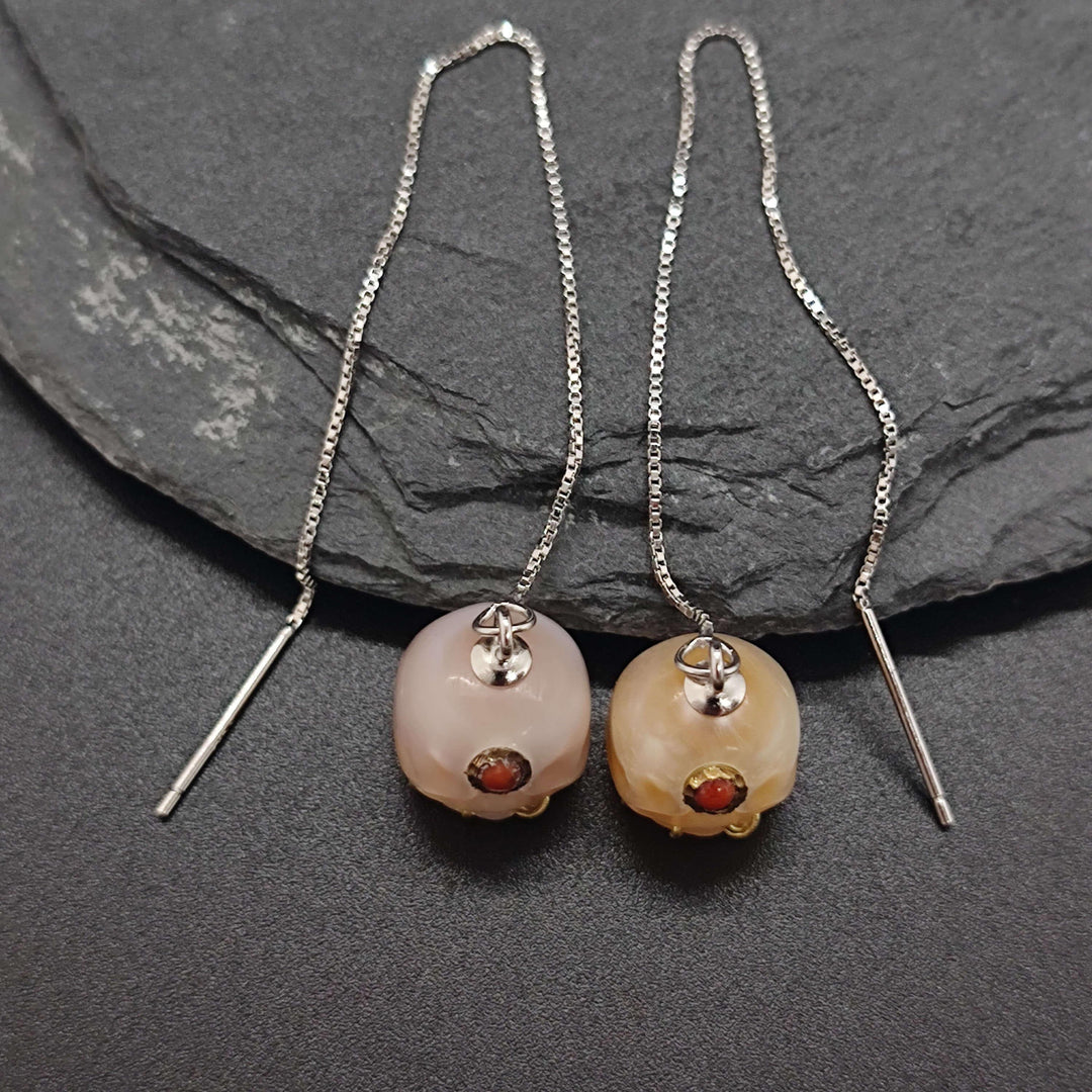 Pearl Carved Śmaśana Threader Earrings™ Skull Accessories – Mystical Elegance with Vibrant Gemstone Detail