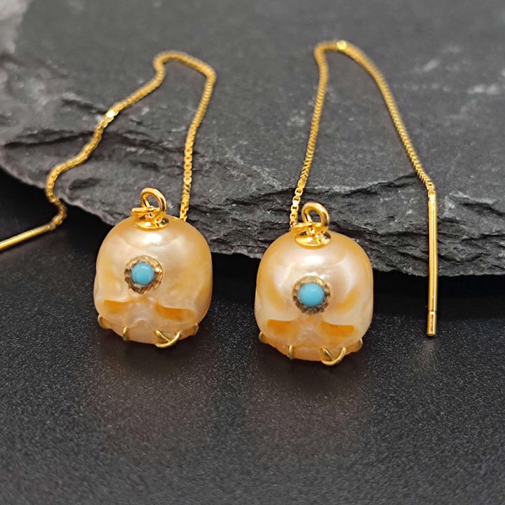 Pearl Carved Śmaśana Threader Earrings™ Skull Accessories – Mystical Elegance with Vibrant Gemstone Detail