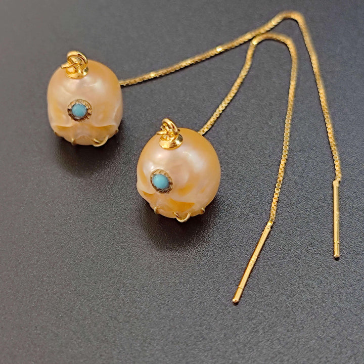 Pearl Carved Śmaśana Threader Earrings™ Skull Accessories – Mystical Elegance with Vibrant Gemstone Detail