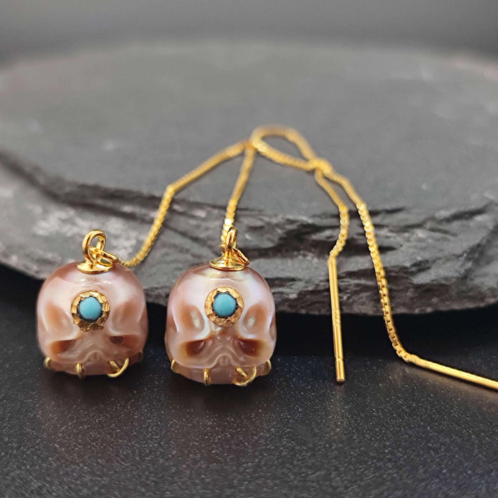 Pearl Carved Śmaśana Threader Earrings™ Skull Accessories – Mystical Elegance with Vibrant Gemstone Detail