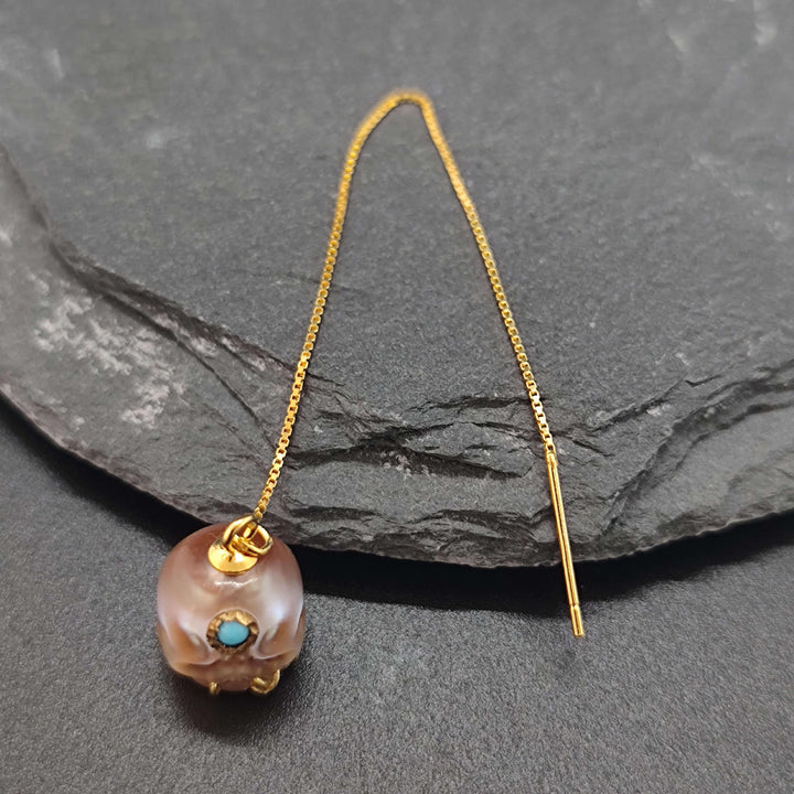 Pearl Carved Śmaśana Threader Earrings™ Skull Accessories – Mystical Elegance with Vibrant Gemstone Detail