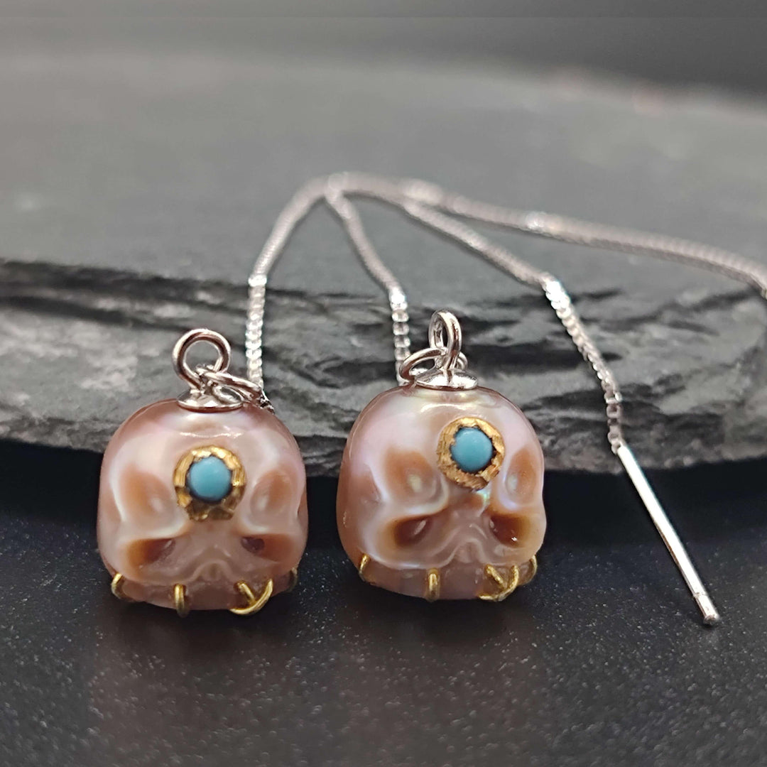 Pearl Carved Śmaśana Threader Earrings™ Skull Accessories – Mystical Elegance with Vibrant Gemstone Detail