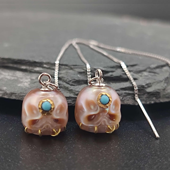 Pearl Carved Śmaśana Threader Earrings™ Skull Accessories – Mystical Elegance with Vibrant Gemstone Detail