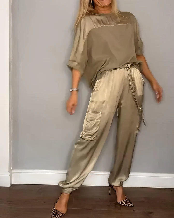 Amelia™ - Chic Two-Piece Set Blouse and Cargo Pants
